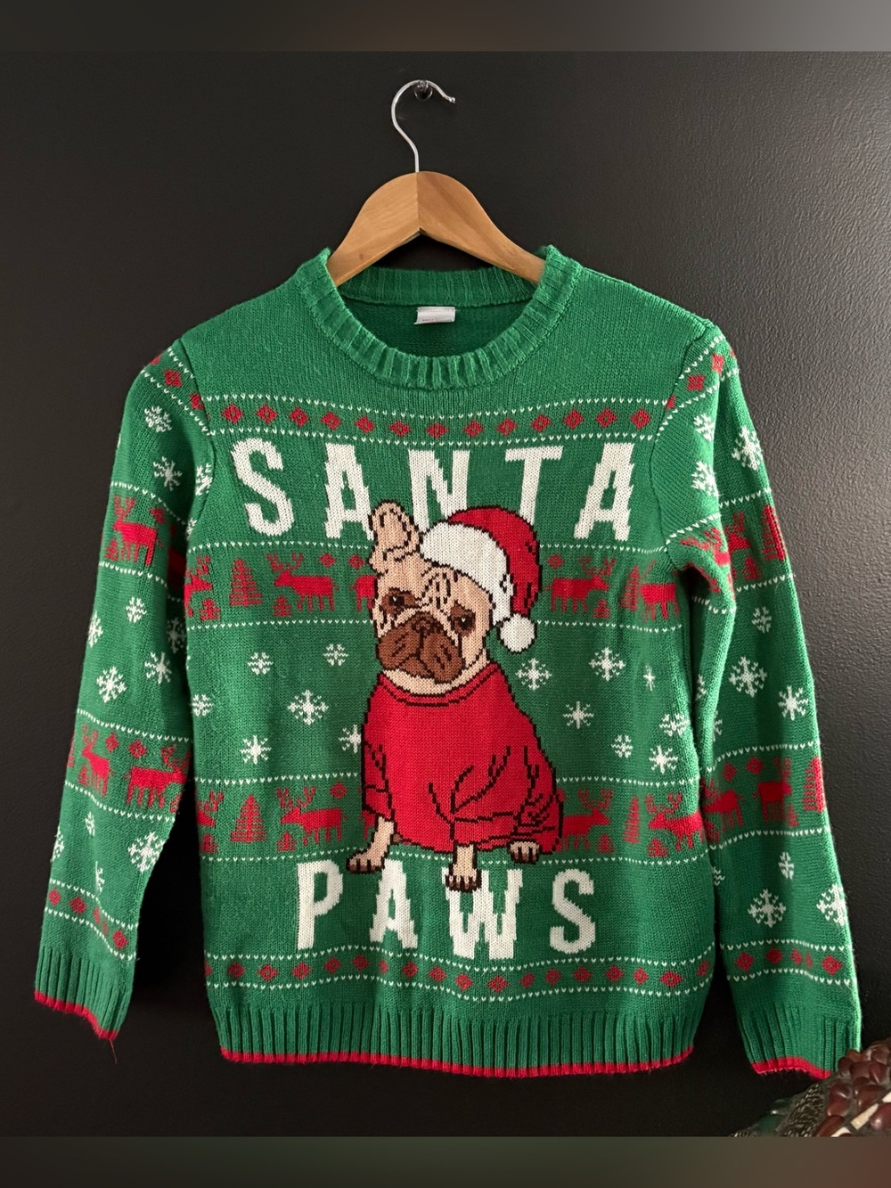 Holiday Time Kids Santa Paws Pug Ugly Christmas Holiday Sweater Size L 10/12